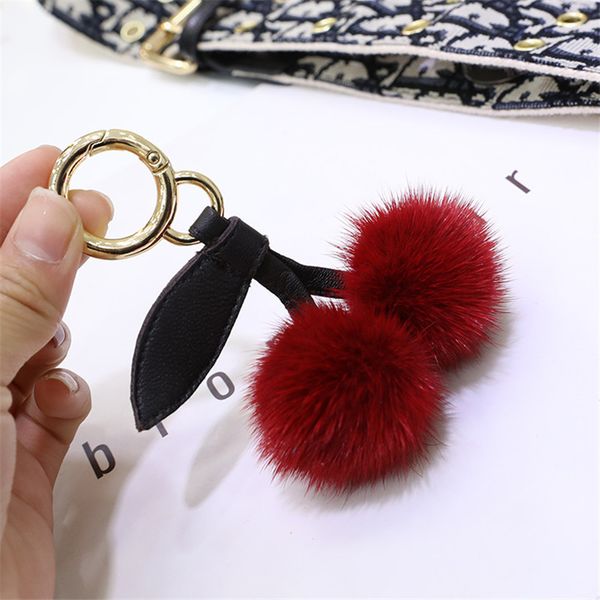 

new ball keychain with leather sheepskin pendant cute little cherry fur accessory bag charm pendant car key metal ring, Silver