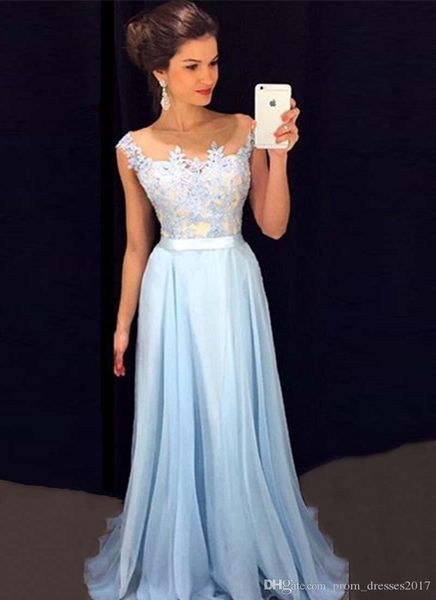 

elegant light sky blue prom dresses sheer neck cap sleeves appliqued chiffon floor length formal dresses modest evening party gowns, Black
