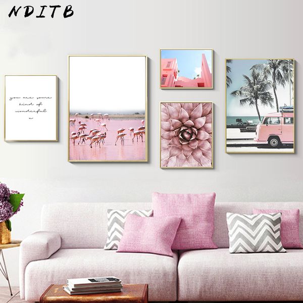 

scandinavian flower pink bus poster nordic scenery wall art canvas print painting modern home office room decoration picture