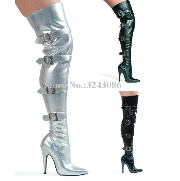 

new pointed toe buckles over the knee women boots thin heels leather thin leg long boots fashion party shoes lady, Black