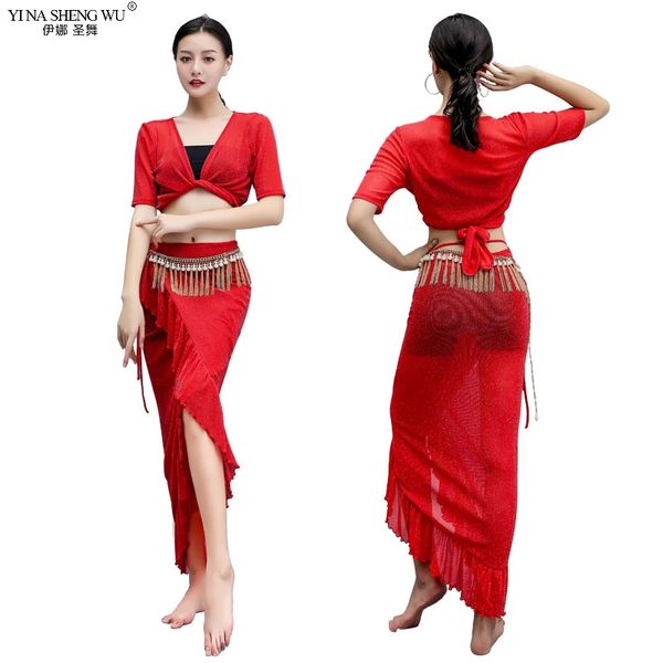 

practice clothes 2 colors women belly dance short sleeve long skirt v-neck 2pcs set costume bellydance performance wear, Black;red