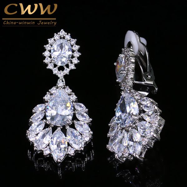 

cwwzircons gorgeous silver color dangle drop cz zirconia women long clip on earrings for no pierced hole ears cz006, Golden