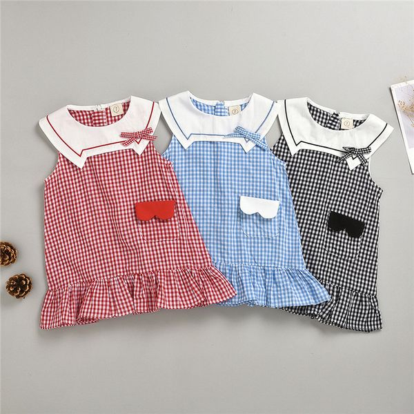 

girls dress vestido toddler baby girls sleeveless peter pan collar bow ruffle plaid princess dresses #4d16, Red;yellow
