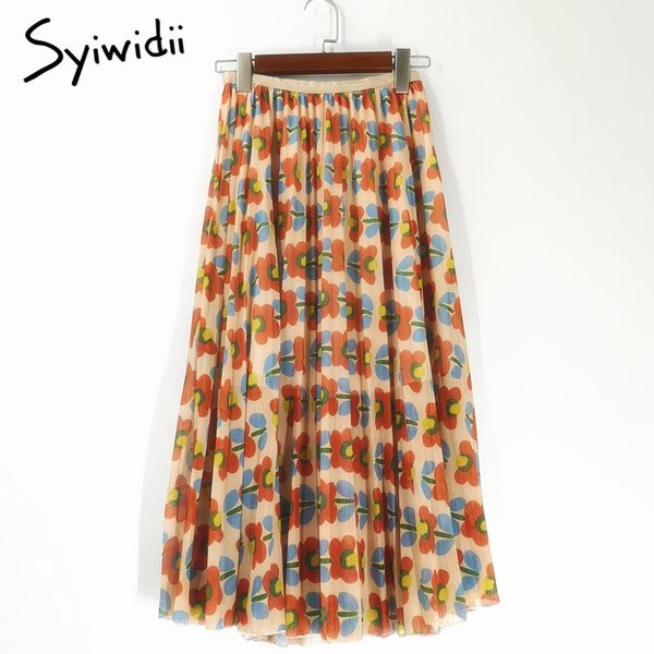 

new mesh skirt women's high waist pleated floral print skirt lady midi skirts elastic waist a line long korean skirts for women, Black