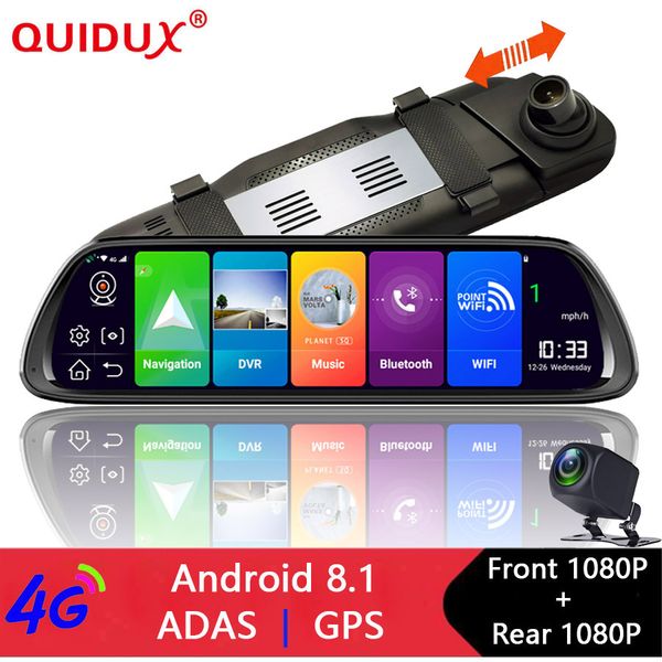 

quidux 10" 4g adas android 8.1 mirror car video recorder gps navigation fhd 1080p dash cam rear view camera dvr wifi bluetooth