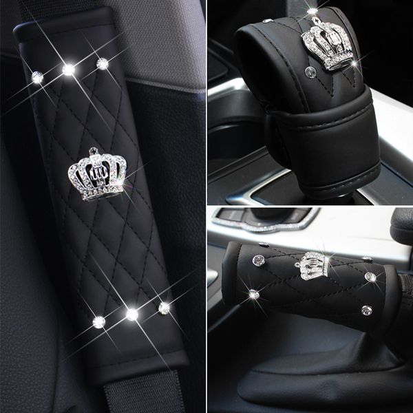 

fashion crown diamond leather black handbrake cover gear shifter covers car seat belt covers car styling interior accessories