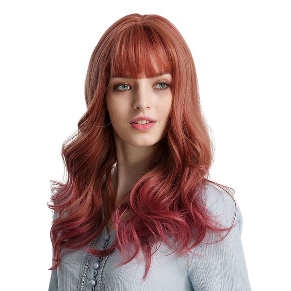 

20inch resistant wavy curly wine red wigs w/ neat bangs for cosplay daily, Black