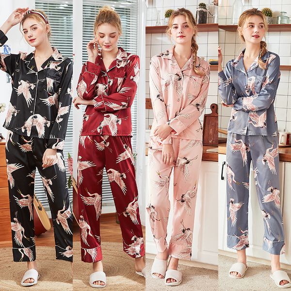 

2019 new 2-piece pajamas sets spring summer faux silk long sleeve shirt long pants nightwear v-neck women homewear femme print, Blue;gray