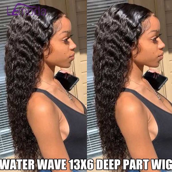 

lemoda 13x6 transparent hd water wave wig lace front human hair wigs pre plucked lace wig peruvian remy hair wigs, Black;brown