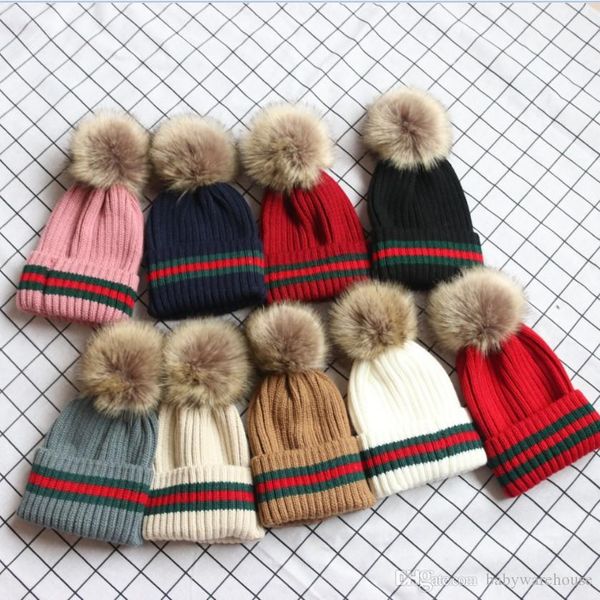 

boutique baby kids warm knitted hats autumn winter mother and children matching beanies teenager girls raccoon wool ball beanies, Yellow