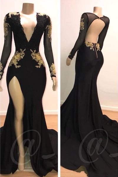 

2019 Gold Appliques Black Prom Party Dresses Deep V Neck Mermaid Sexy Backless Long Sleeve Evening Gowns Vintage Arabic Customize