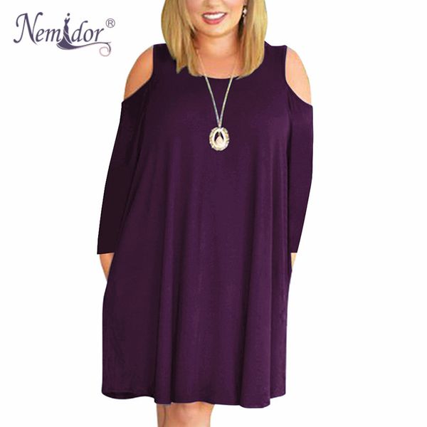 

nemidor women casual o-neck off the shoulder midi plus size summer dress short sleeve loose vintage dress with pockets, Black;gray