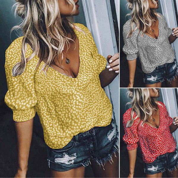 

hirigin 2019 new style womens v neck half sleeve floral loose casual plain tee shirt blouse female clothing, White