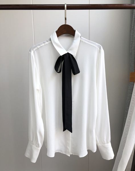

women white tie bow ribbon silk blouse & shirt french sweet style