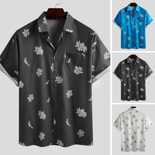 

men summer hawaiian men flower printed shirts short sleeve turn down collar shirt casual loose blouse streetwear plus size7, White;black