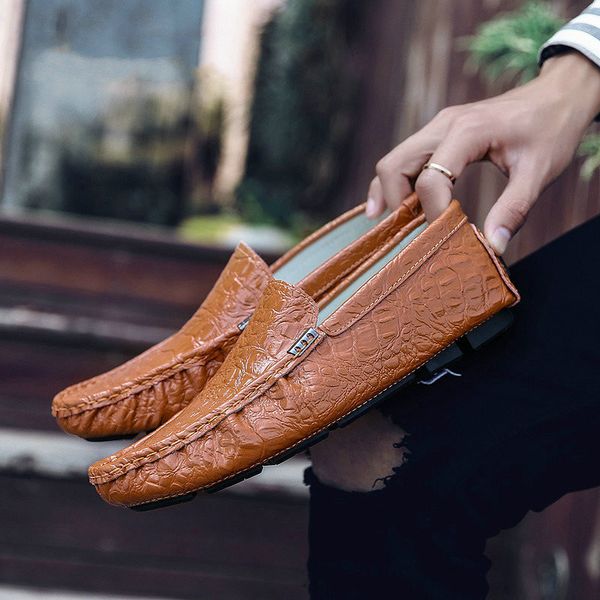 

breathable 2019 new pu leather loafers alligator pattern men casual shoes moccasin luxury driving shoes men plus size 38~47, Black
