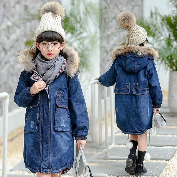 

children's clothing coat new girls autumn and winter models hooded denim jacket in the long section of thick cotton jacket, Blue;gray