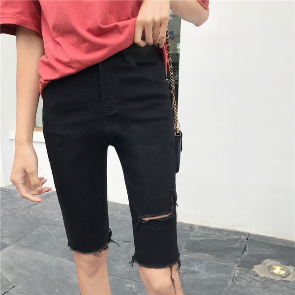 

new summer knee length jeans woman denim pant high waist elastic hole vintage elastic half length denim pant woman korean chic, Blue