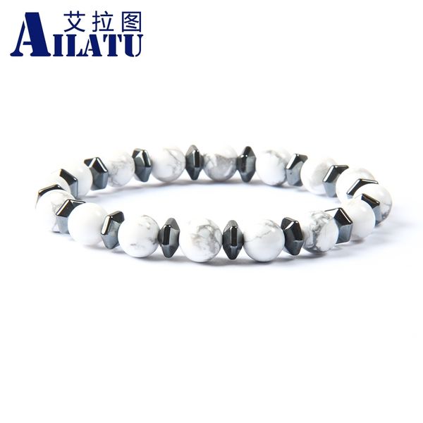 

ailatu brand jewelry wholesale new design 8mm white howlite and black matte onyx stone beaded couples lovers bracelet, Golden;silver
