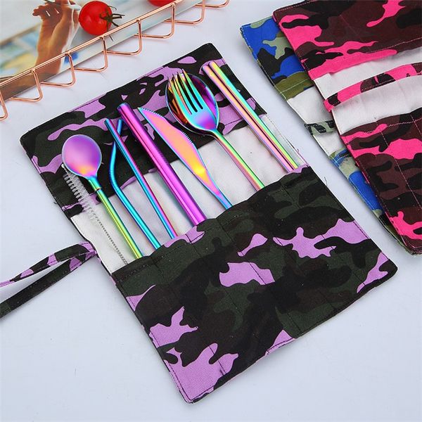 

new 304 stainless steel knife fork spoon chopsticks straw spoon 9 piece environmental protection portable outdoor tableware set t3i5162