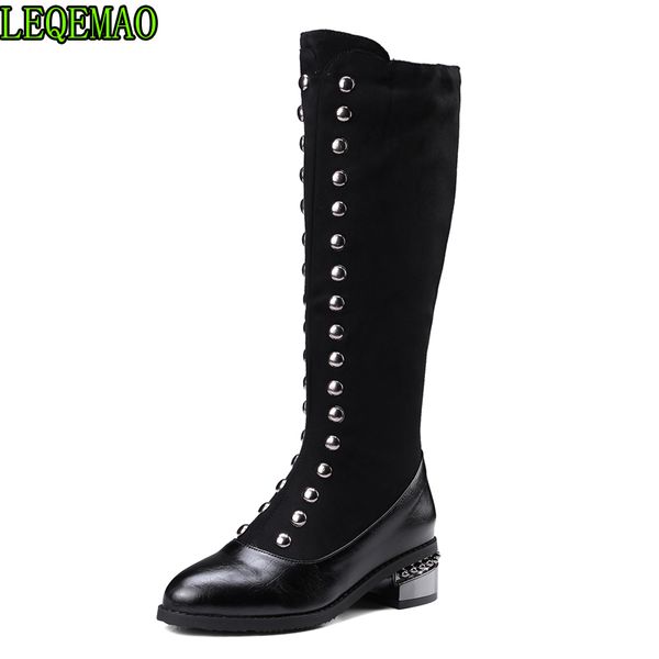 

size 34-43 women knee boots fashion winter warm shoes women zipper lady office long boots plush fur heeled footwear, Black