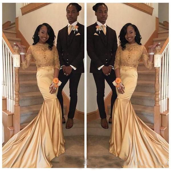 

2018 Champagne Mermaid Prom Dresses 2k17 Jewel Neck 3/4 Long Sleeves See Though Lace Appliques Sweep Train Evening Dresses Cheap Party Gowns