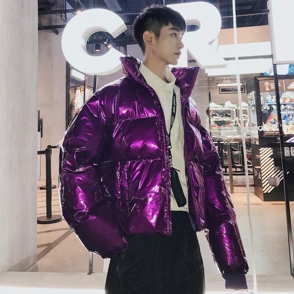 

2018 winter new stand collar loose bright leather fabric coat thick cotton coat tide male couple black / purple / green silver
