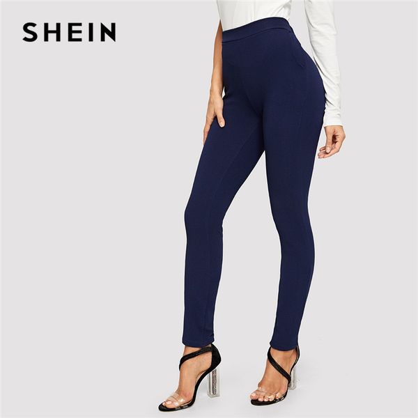 

shein blue pocket side solid textured elastic waist skinny pants 2019 casual spring women mid waist tapered/carrot pants, Black;white