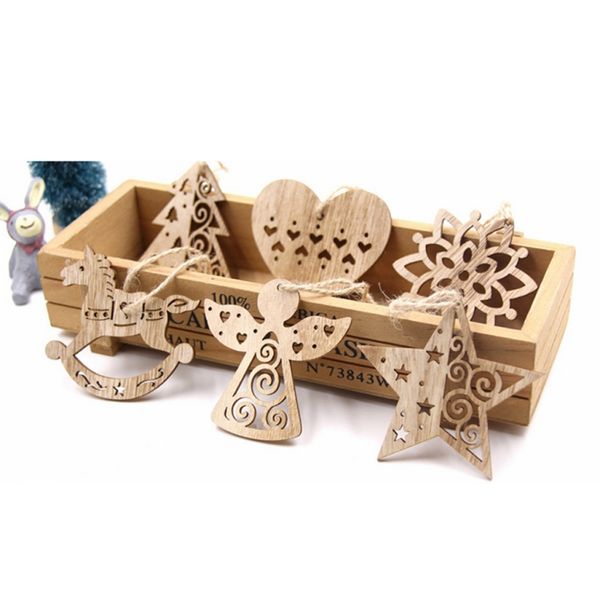 

6pcs wooden christmas decorative pendants hanging ornaments with hanging rope heart, snowflake, star, angel, tree, horse