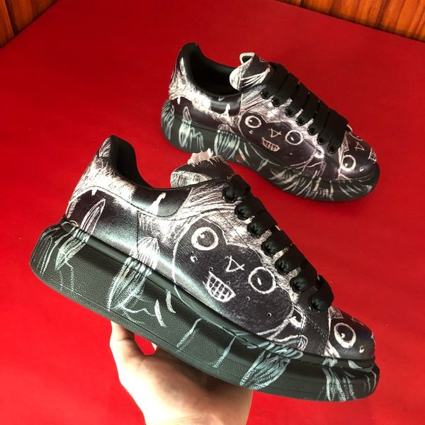 

platform men's and women's shoes wild vintage luxury casual shoes graffiti leather sneakers women's shoes white shoe 12, Black