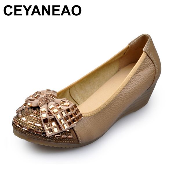 

ceyaneao new fashion bowknot women's shoes & pumps woman genuine leather wedges shoes elegant crystal high heels, Black