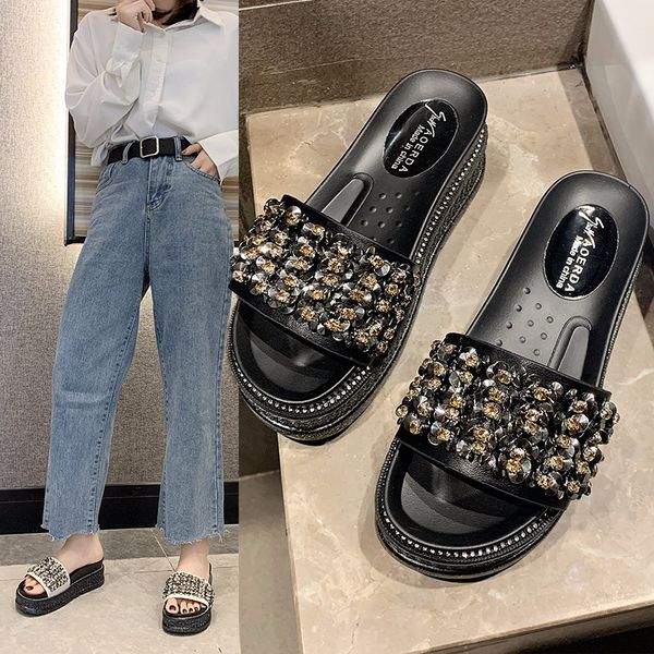 

slippers casual shoes med platform slides slipers women summer woman flat 2020 beach rubber fashion pu female, Black