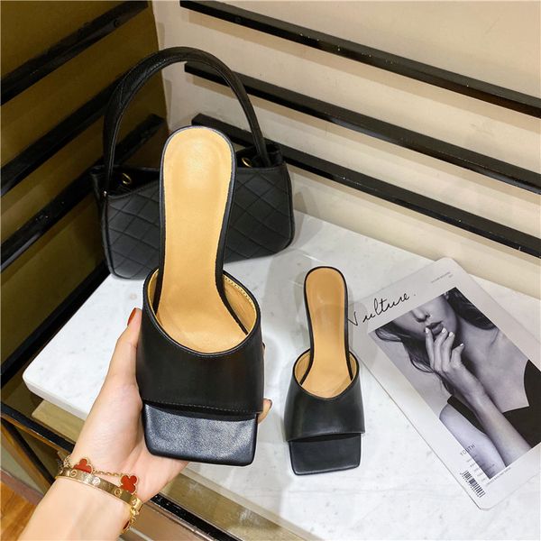 

2020 new summer women's mules slippers elegant square toe high heels slippers ladies slides shoes femme zapatos mujer, Black