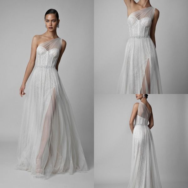 

berta 2019 prom dresses one-shoulder high side split sleeveless lace appliques formal evening gowns floor length a line party dress, Black