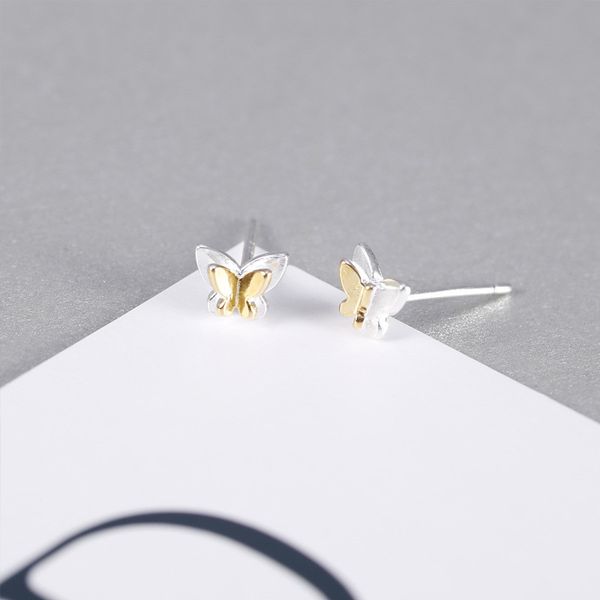

925 sterling silver double-deck butterfly ear studs delicate personal earrings anti-allergy z9042, Golden;silver