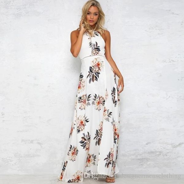 

summer halter flora printed dress high waist dress with split ladies open back bohemian dress, Black;gray