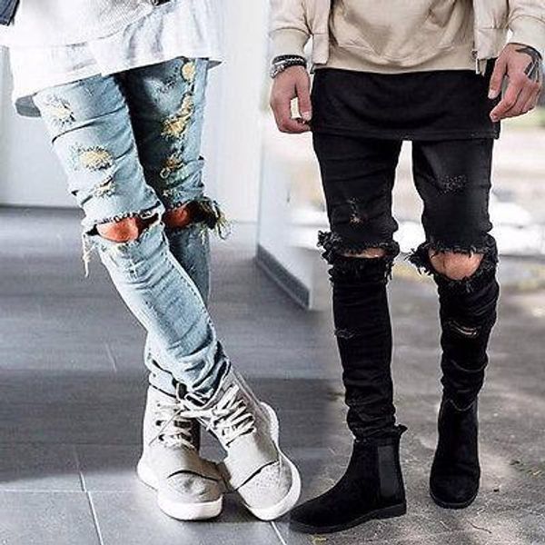 

wholesale -mens ripped skinny straight slim elastic denim fit biker jeans pants long pants stylish straight slim fit jeans, Blue