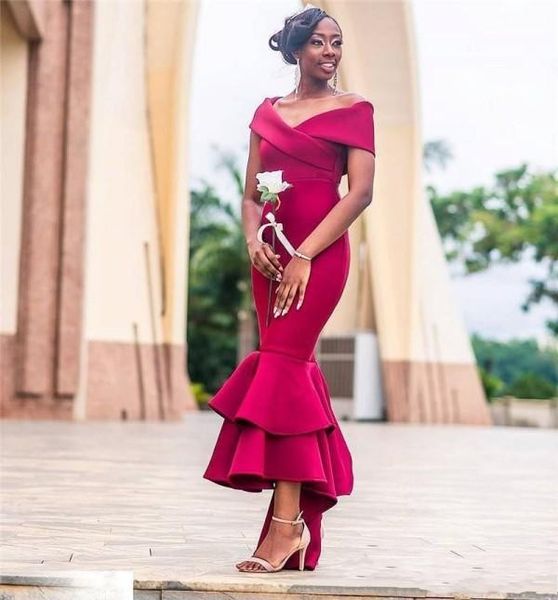 

dark red bridesmaid dresses african off the shoulder satin tiered bottom mermaid wedding guest dress mermaid maid of the honor gowns, White;pink