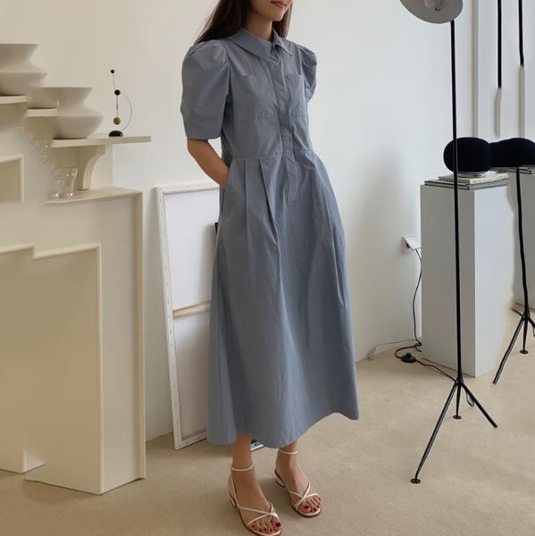 

casual dresses [ewq]2021 summer korea turn-down collar puff sleeve loose dress women elegant long robe simple slim blue midi, Black;gray