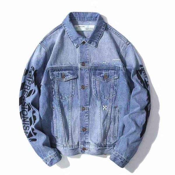 

2019 autumn new mens designer denim jacket off basic arrow letter graffiti jackets blue washed denim fashion men women streetwear the jacket, Black;brown