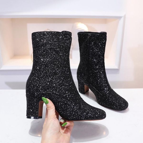 

winter new designer women boots d-circus ankle boots with glitter fashion luxury star glitter booties martin chunky boot bottillons 6.5cm