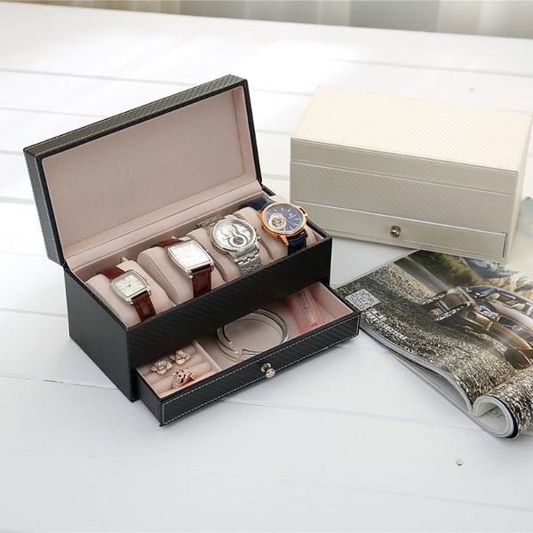 4 Grids Pu Leather Jewelry Watch Casket With Drawer Organizer