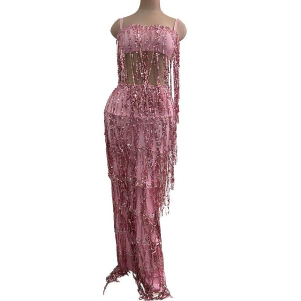 

stage wear pink long tassel sequin spaghetti strap dress women bodycon fringes party singer dancer outfit sets, Black;red