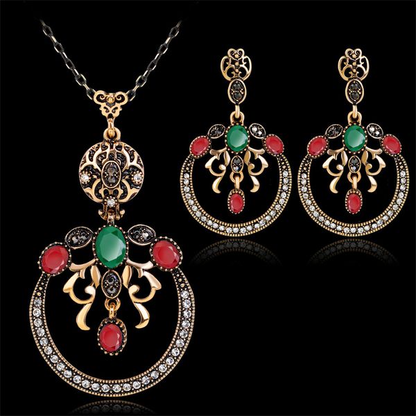 

ethnic crystal wedding jewelry sets for women antique gold round big red / green resin stone pendant necklace earrings ring set, Slivery;golden