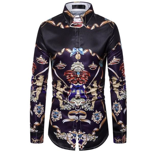 

new men's shirts fall vintage gold print men's long-sleeved shirt c528, White;black