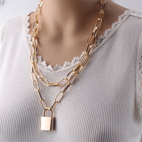 

double layer lock chain necklace punk hip hop personality link chain silver gold men padlock pendant necklaces women fashion gothic jewelry