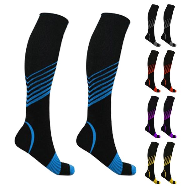 

men women exercise compression socks long tube protective stripe pattern athletic sports cycling hiking casual running elastic, Black