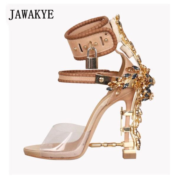 

jeweled high heels gladiator sandals women ankle buckle strap lock pvc clear peep toe rhinestone summer shoes sandalias mujer, Black