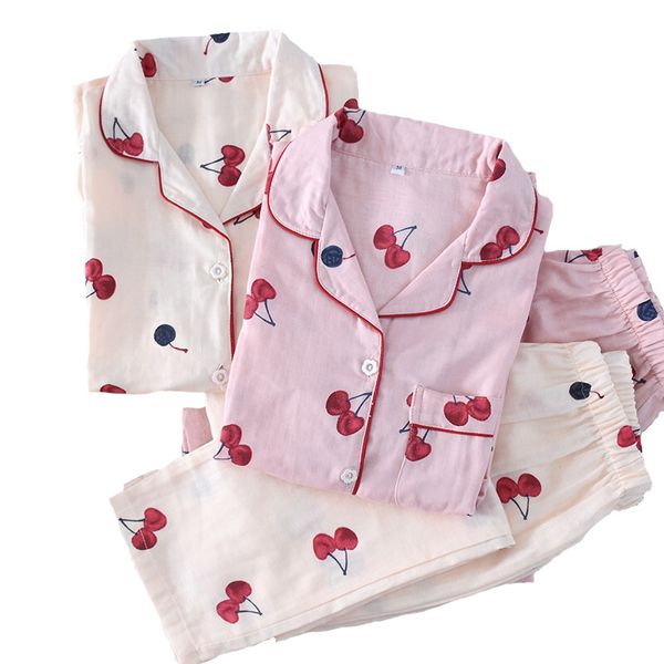 

2019 весна дамы симпатичные черри печать пижама mujer 100% марли хлопка с длинным рукавом брюки тонкие пижама набор thin homewear пижамы, Black;red