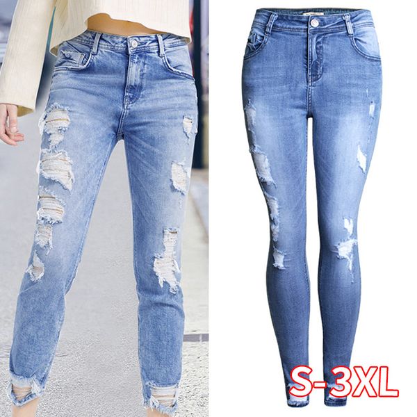 

classic distressed jeans women mid waist stretchy ripped true denim pants skinny pencil jeans woman, Blue